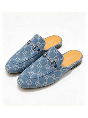 Gucci Women’s Monogram Jumbo GG Denim Malaga Princetown Slippers Light Blue EU38